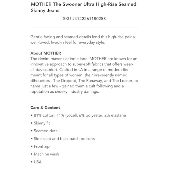 MOTHER •NWT• The Swooner Ultra High-Rise Seamed Skinny Jeans - Picture 3 of 3